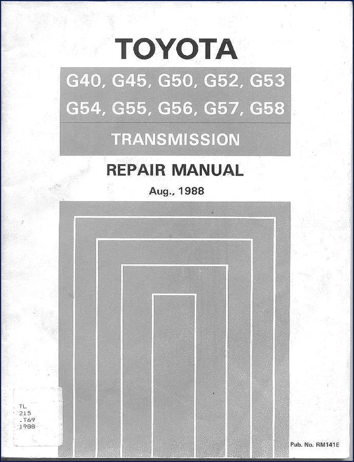1988 Toyota G40 G45 G50 G52 G53 transmission repair manual cover page showing model list and RM141E publication number