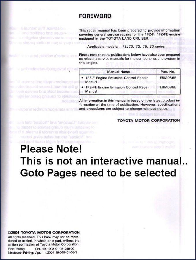 1992 Toyota Land Cruiser FZJ70 FZJ73 FZJ75 FZJ80 Factory Repair Manual cover