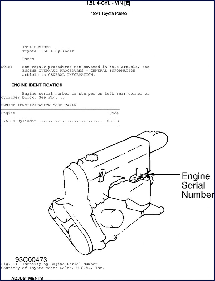 1994 Toyota Paseo Technical Manual cover showing 1.5L engine and Paseo model