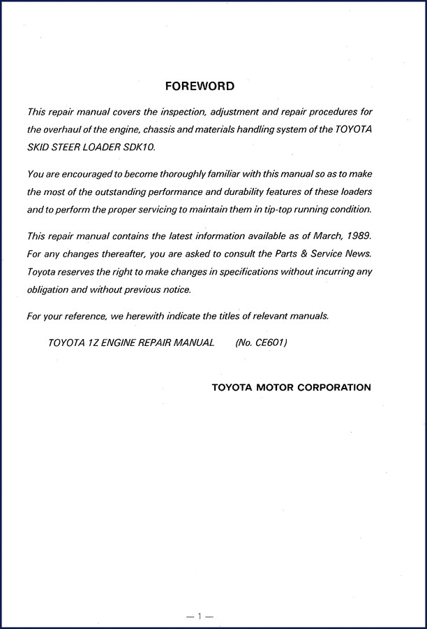Toyota SDK10 1989 Repair Manual cover page showing skid steer loader
