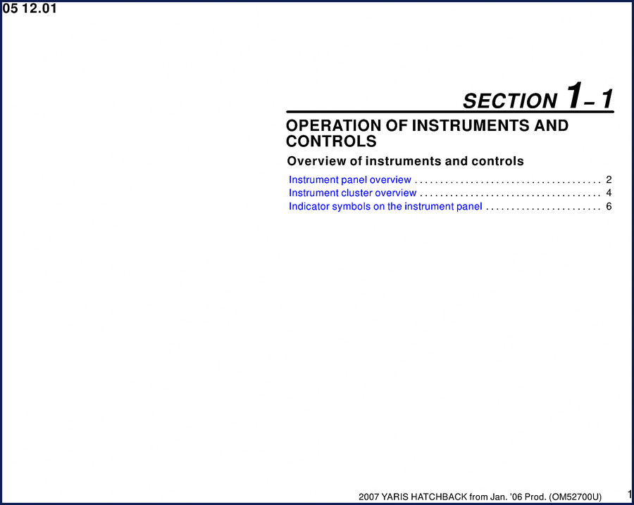 2007 Toyota Yaris Hatchback User Manual – OEM factory cover with instrument panel diagram