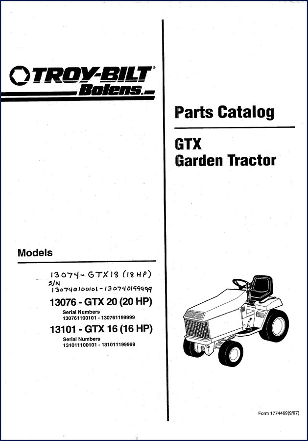 Troy-bilt GTX 16 GTX 18 GTX 20 garden tractor parts catalog cover 1997