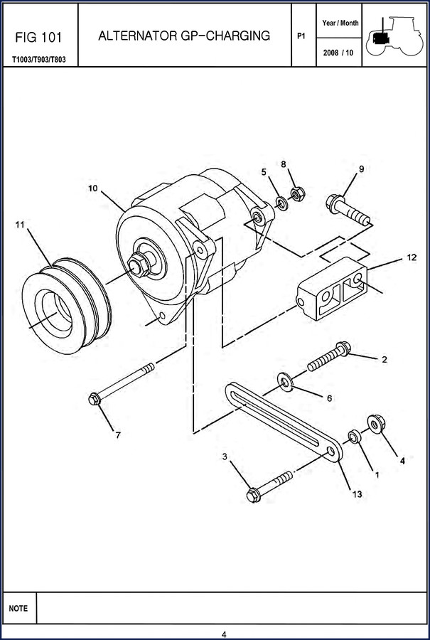 TYM T1003 2008 Parts Catalog cover featuring tractor with engine, transmission, and brake system diagrams