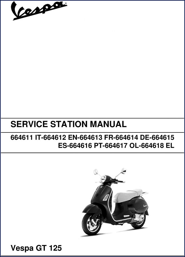 Vespa GT 125 2007 Service Manual cover showing station manual title and Piaggio branding