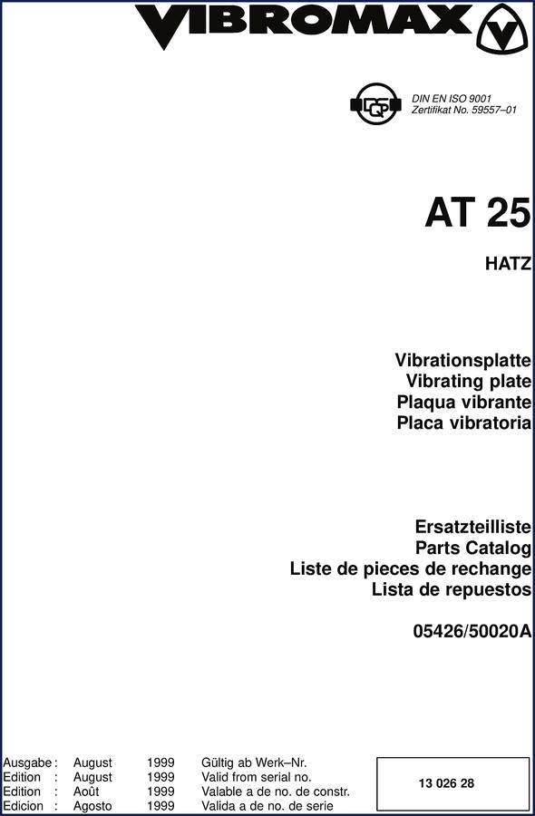 Vibromax AT 25 1999 Parts Catalog cover showing vibrating plate and HATZ engine