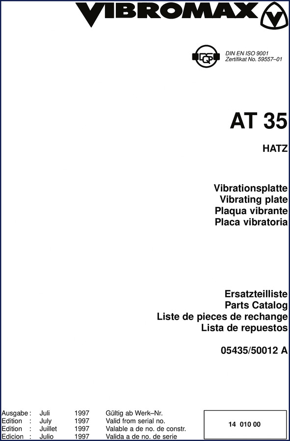 Vibromax AT 35 1997 Parts Catalog cover showing vibrating plate and part number breakdown