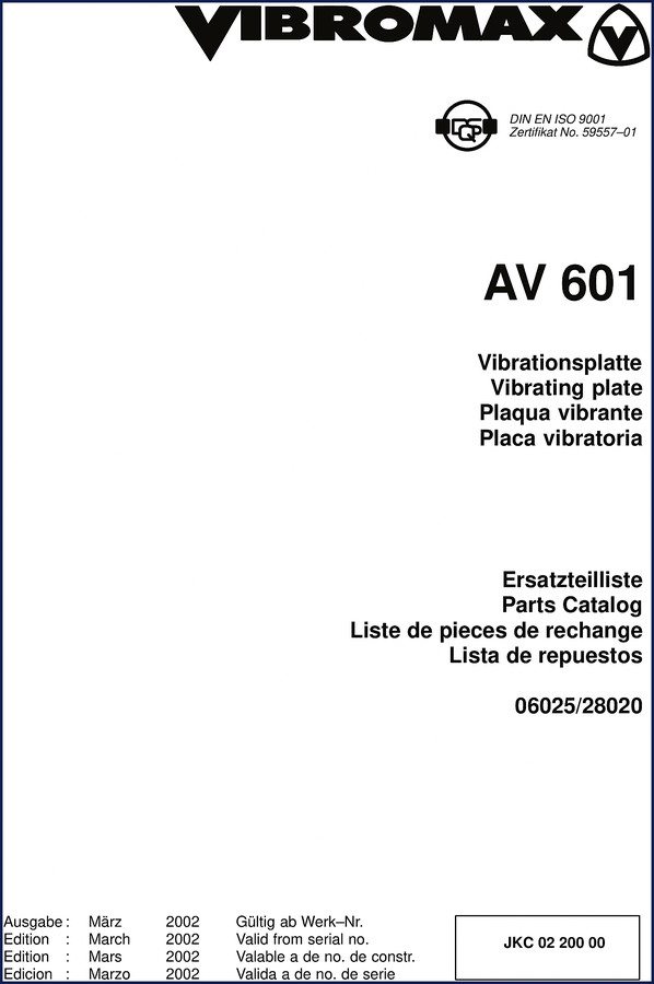 Vibromax AV 601 vibrating plate 2002 Parts Catalog cover showing machine and manual