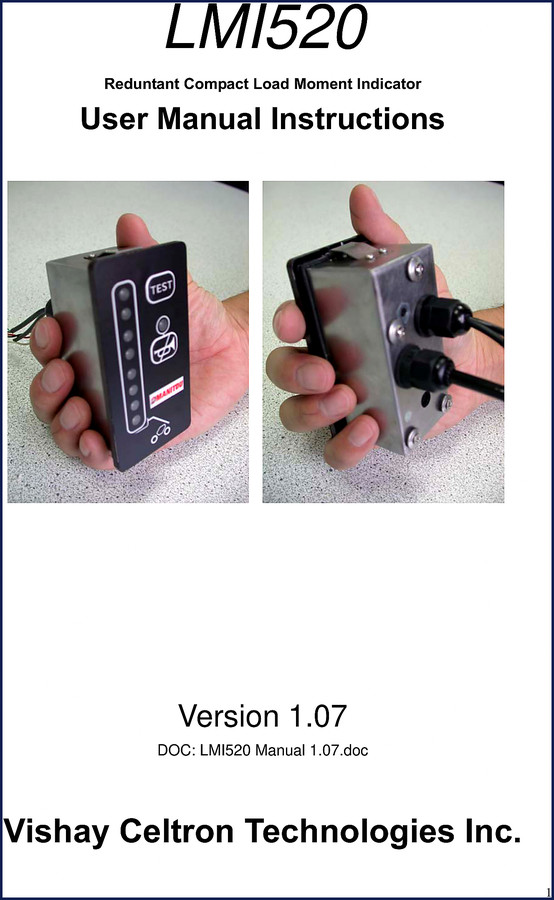 Vishay Celtron LMI520 user manual front cover – Redundant Compact Load Moment Indicator Instructions