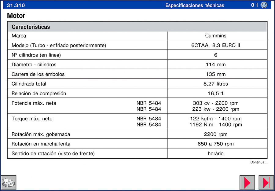 Volkswagen 31.310 Technical Manual cover page showing engine specifications table