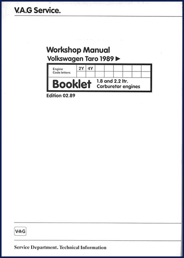 1989 Volkswagen Taro Workshop Manual cover – factory OEM service manual for 1.8L and 2.2L carburetor engines