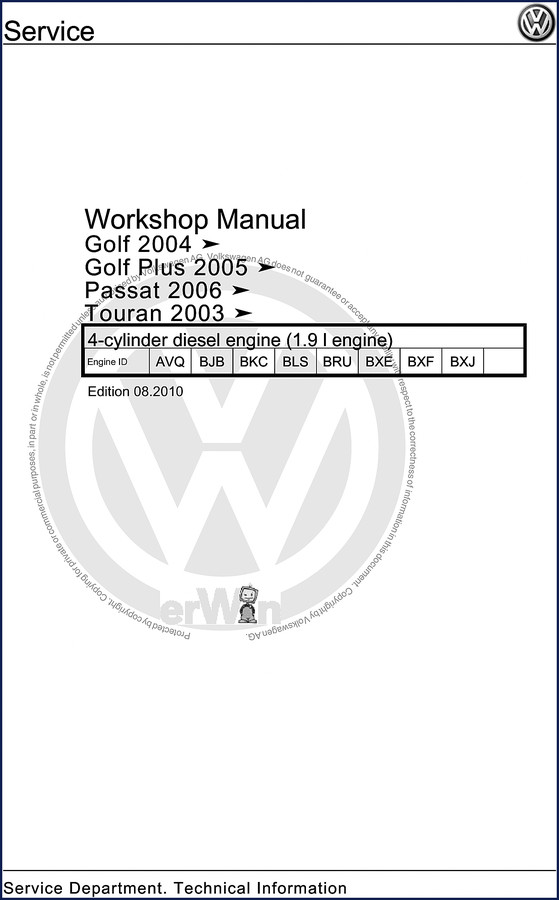 Volkswagen Golf Golf Plus Passat Touran 2010 Workshop Manual cover page