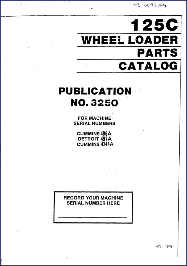 1989 Volvo Michigan Euclid 125C Wheel Loader Parts Catalog cover showing model and serial number recording field