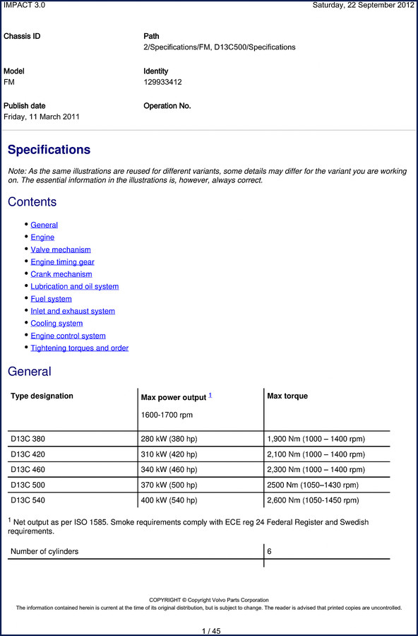 Volvo Parts D13C 2011 Technical Manual cover page showing engine cutaway