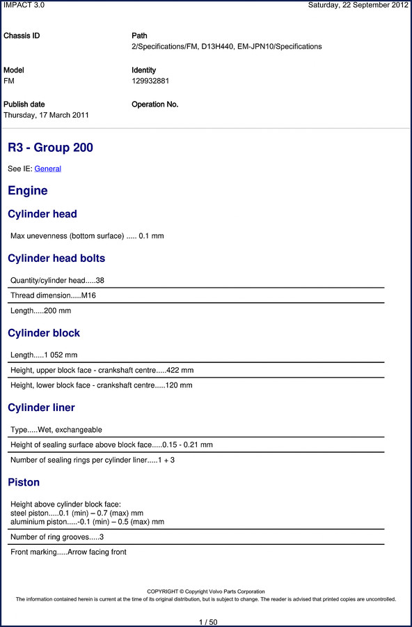 Volvo BM Michigan D13H440 Technical Manual - 50 page OEM specification document