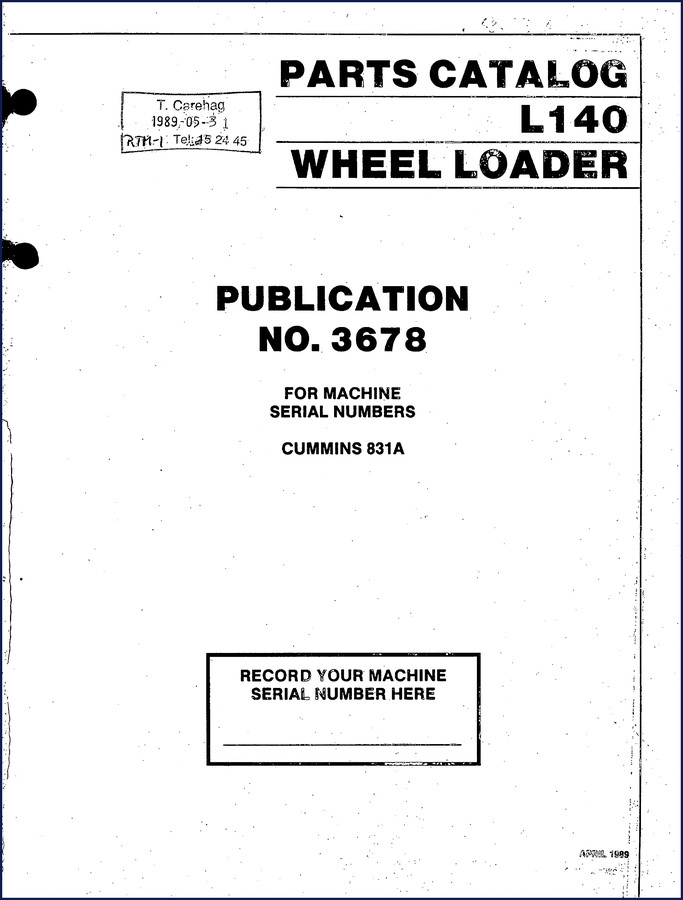 Volvo Trucks L140 1989 Parts Catalog cover – OEM factory publication no. 3678, wheel loader parts breakdown