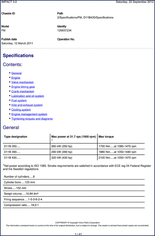 Volvo Parts D11B Engine Technical Manual 2011 cover page
