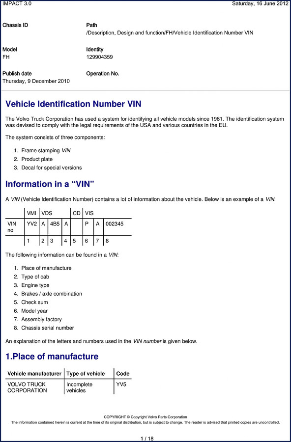 Volvo Truck FH FL7 FL10 FL12 Technical Manual cover - 18-page factory VIN and engine code guide