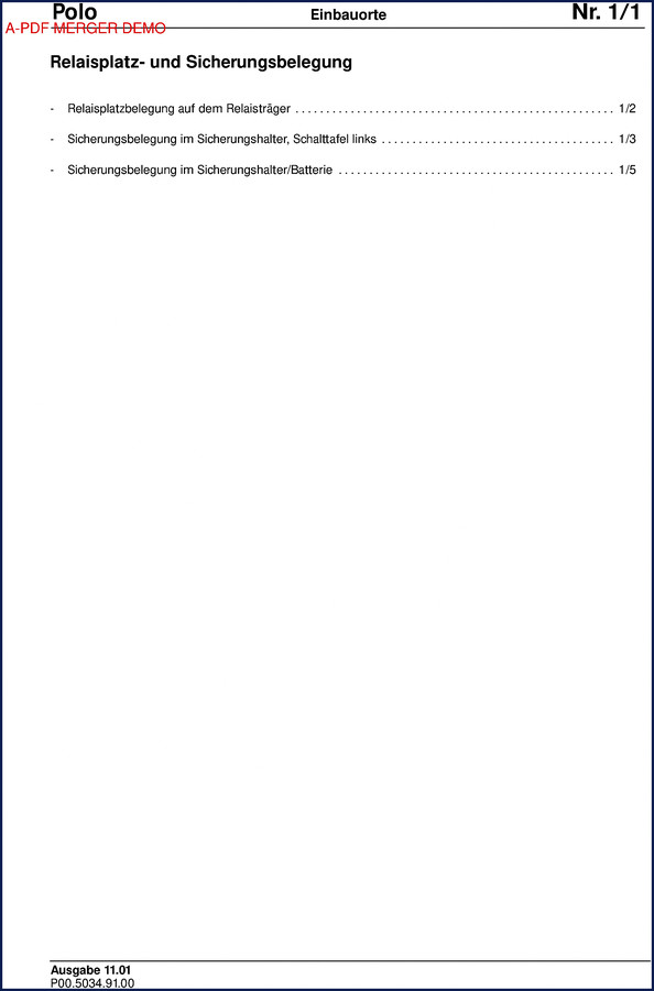 VW Polo technical manual cover showing relay and fuse layout diagrams