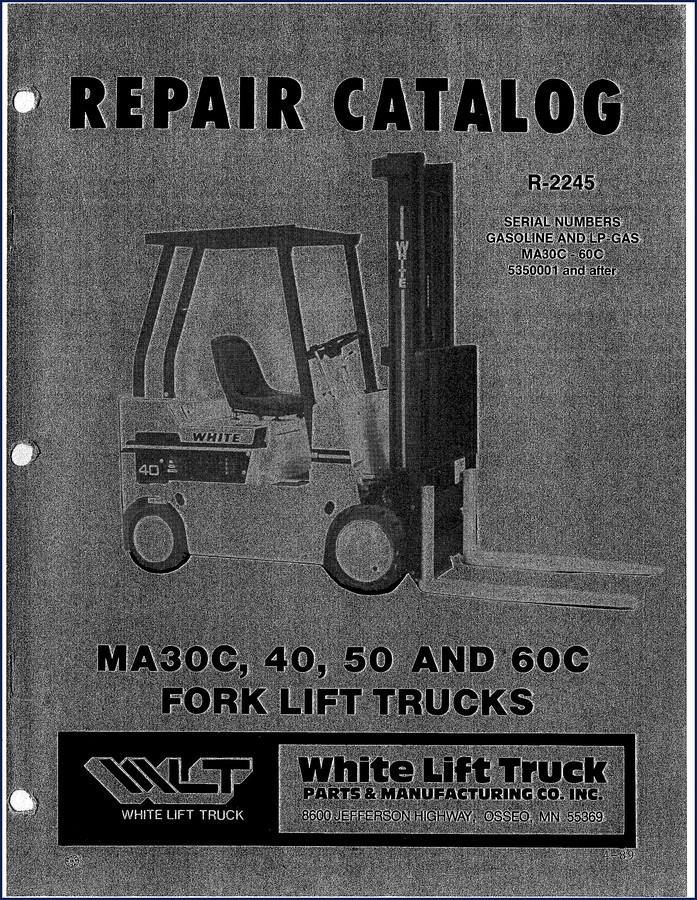 White MA30C, MA40C, MA50C, MA60C 1989 Parts Catalog cover page showing forklift diagram