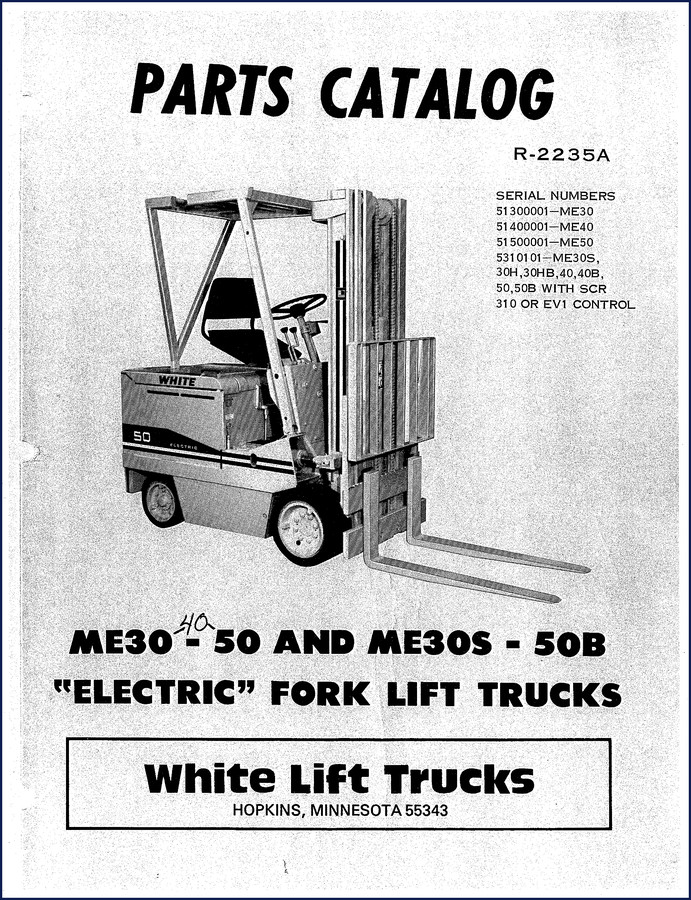 White ME30 Parts Catalog cover - 140-page OEM factory manual for electric forklifts
