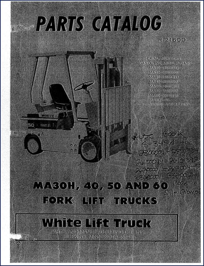 White R-2160D 1985 Parts Catalog cover - OEM forklift parts manual