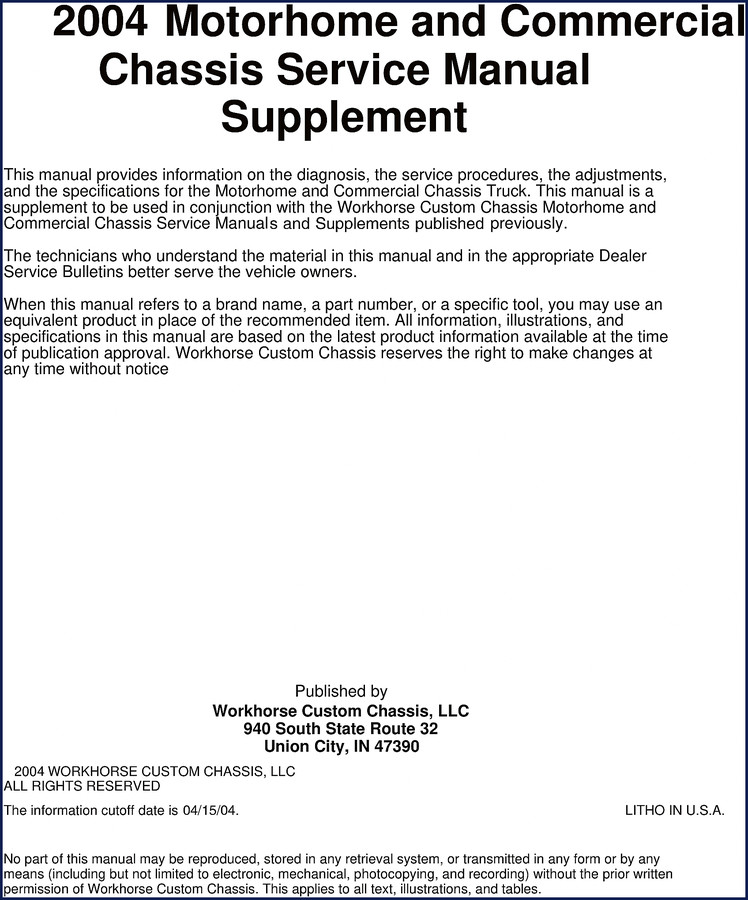 2004 Workhorse Custom Chassis Motorhome and Commercial Chassis Truck Service Manual cover