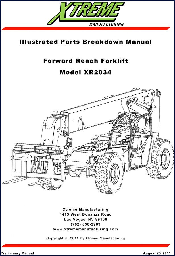 Xtreme XR2034 2011 Parts Catalog cover showing forklift illustration and manual details