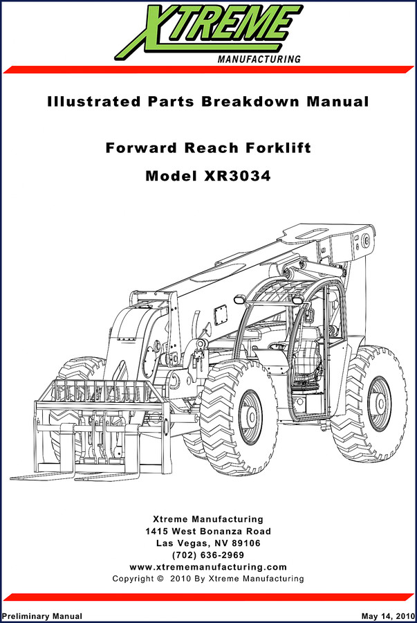 Xtreme XR3034 2010 Parts Catalog cover showing forklift illustration and model designation