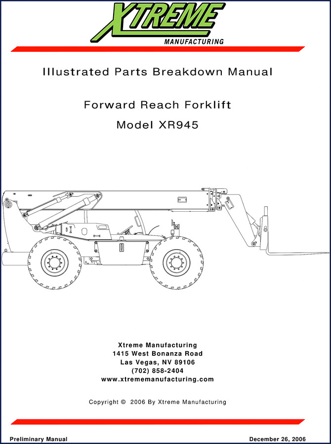 Xtreme XR945 2006 Parts Catalog cover – Illustrated Parts Breakdown Manual for Forward Reach Forklift