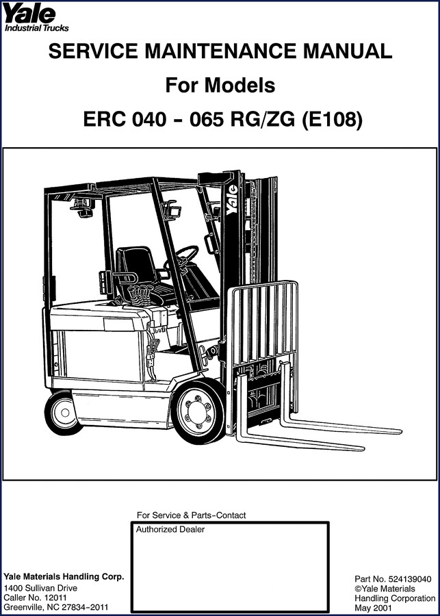 Yale 040 050 060 065 ZG 2001 Service Manual cover page with factory specifications