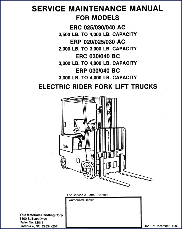 Yale ERC 025 electric rider forklift service manual cover from 1991 showing model lineup