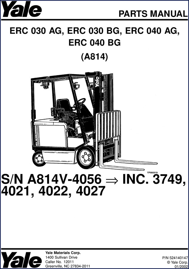 Yale ERC 030 AG ERC 030 BG ERC 040 AG ERC 040 BG 2002 Parts Catalog cover