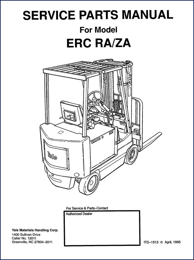 Yale ERC, RA, ZA 1995 Parts Catalog front cover showing model nomenclature table and mast types