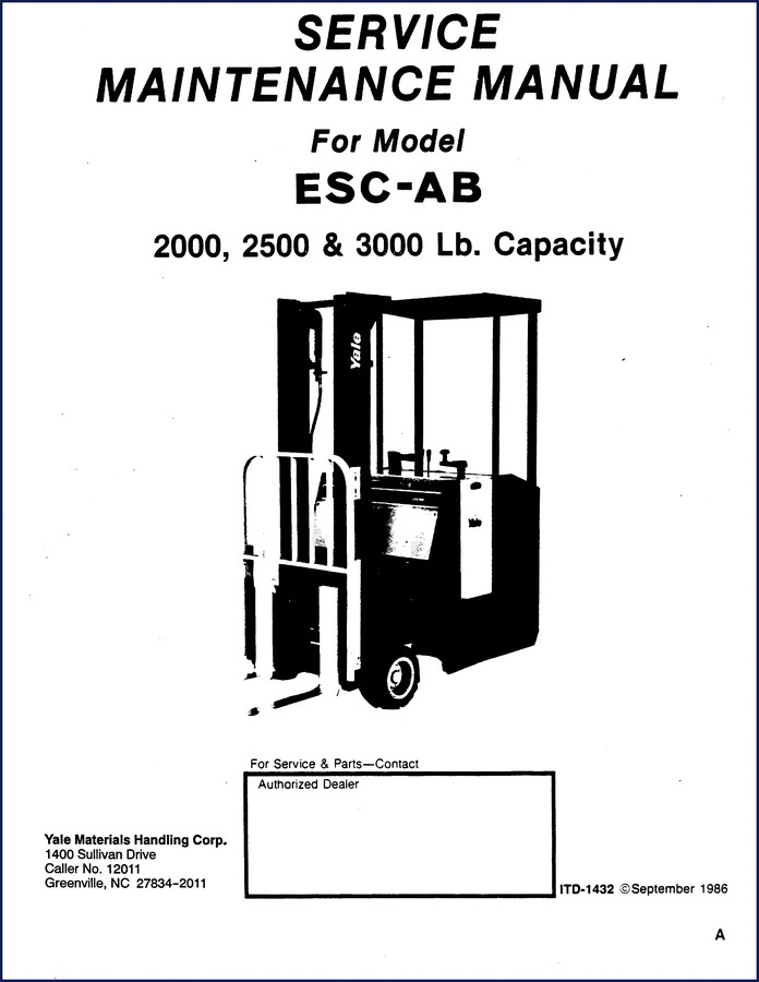 Yale ESC 1986 Service Manual cover - 108 pages of factory maintenance procedures for ESC-AB 2000-3000 lb capacity.