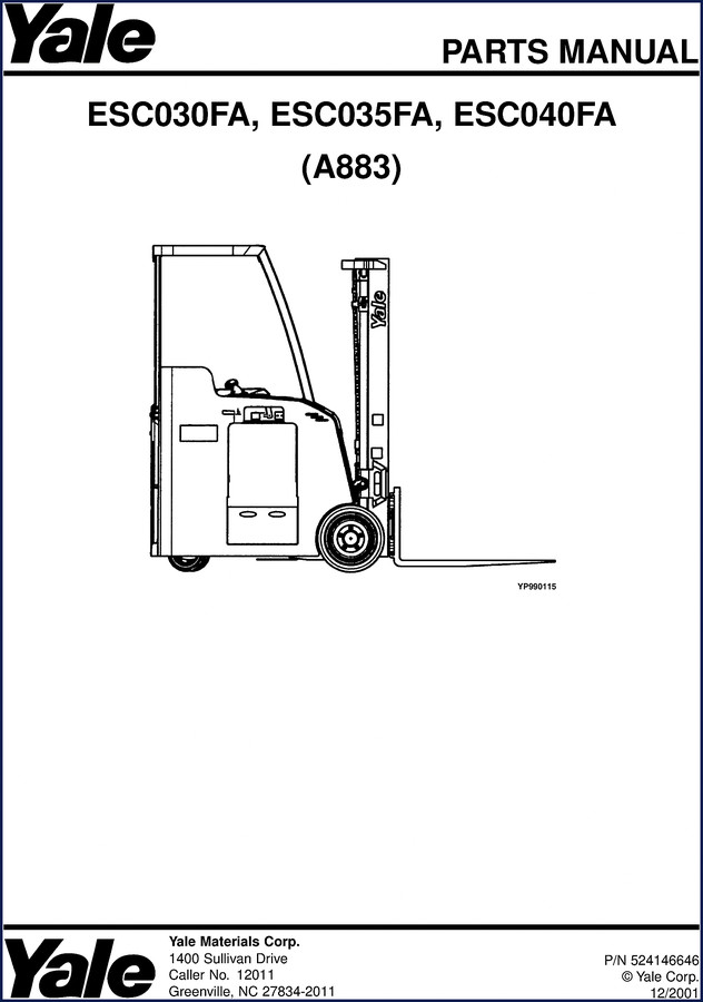 Yale ESC030FA, ESC035FA, ESC040FA 2001 Parts Catalog cover showing model designations