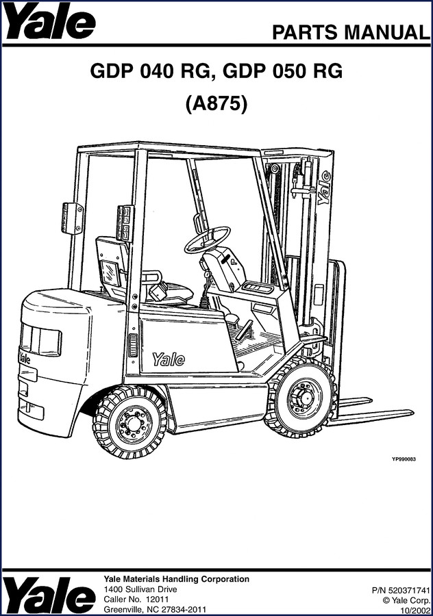 Yale GDP 040 RG GDP 050 RG 2002 Parts Catalog cover page showing truck model