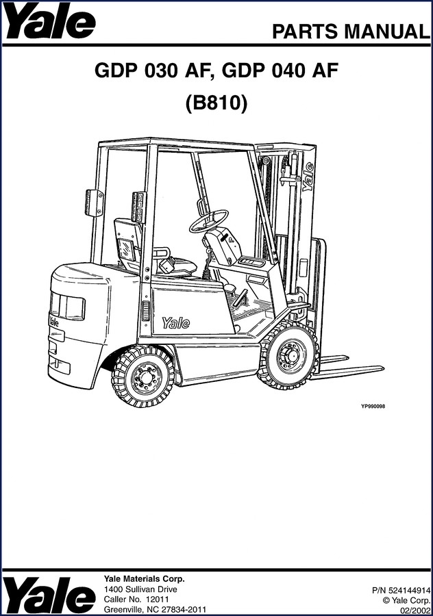 Yale GDP030 GDP040 2002 Parts Catalog – OEM factory manual cover