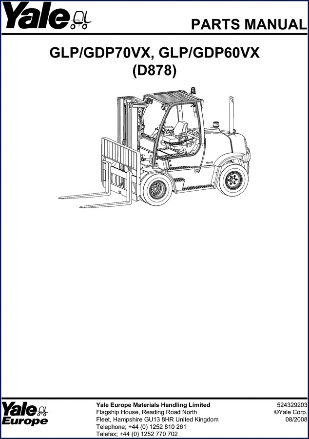 2008 Yale GLP70VX parts catalog cover showing forklift diagram