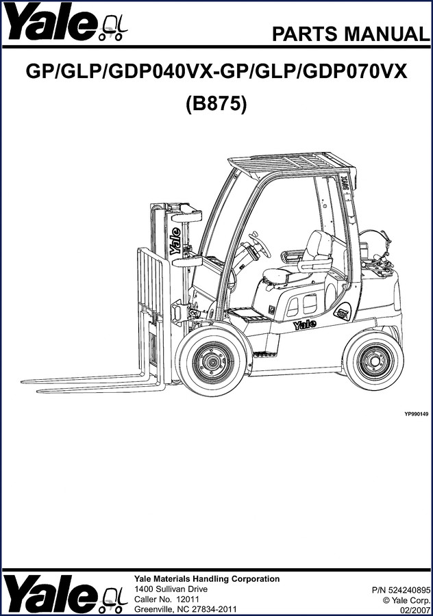Yale GP040VX GLP040VX GDP040VX GP070VX GLP070VX 2007 Parts Catalog cover page