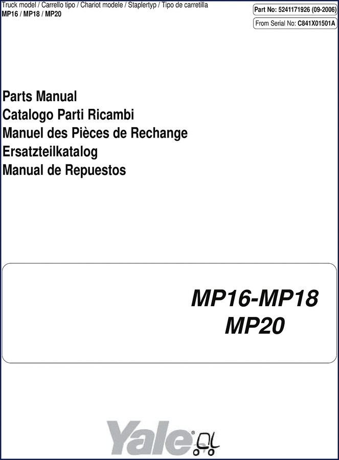 Yale MP16 MP18 MP20 2006 Parts Catalog cover page showing forklift models and OEM logo