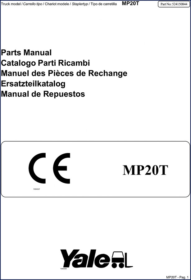 Yale MP20T Parts Catalog cover sheet showing model number and part number 524150844