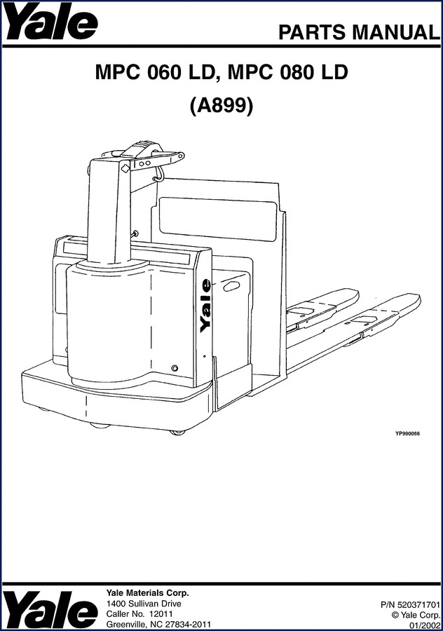 Yale MPC 060 LD 2002 Parts Catalog cover page with factory OEM branding and model designation A899