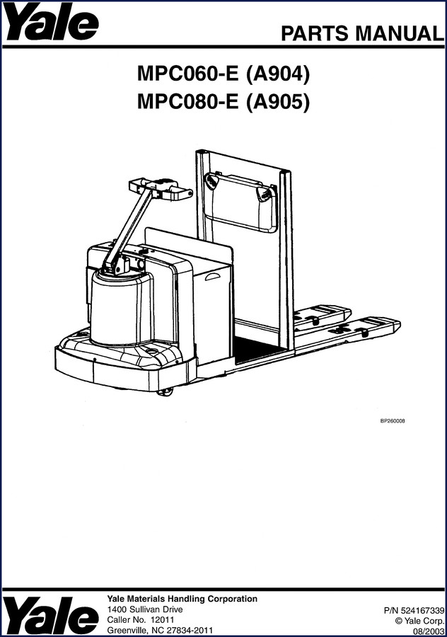 Yale MPC060-E MPC080-E 2003 Parts Catalog cover showing two forklift models and sections