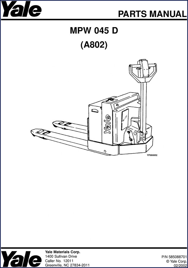 Yale MPW 045 D 2002 Parts Catalog cover page showing model and manual number YP900052