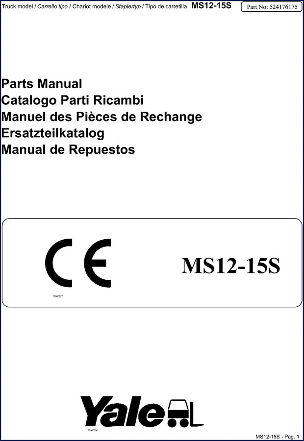 Yale MS12 MS15 parts catalog cover showing truck model MS12-15S and part number 524176175