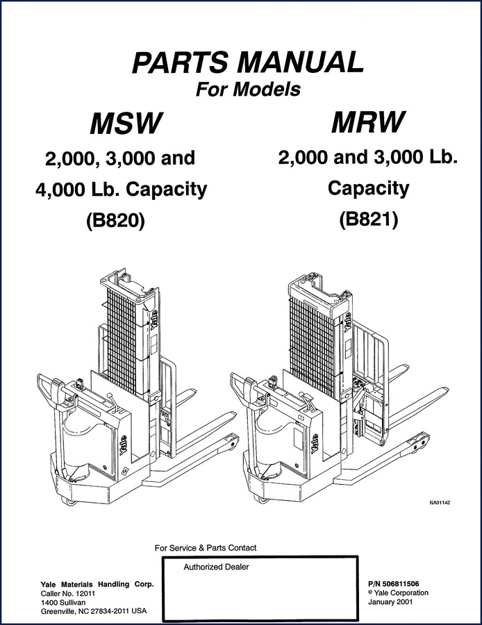 Yale MSW MRW 2001 Parts Catalog cover – OEM factory parts manual for walkie stackers