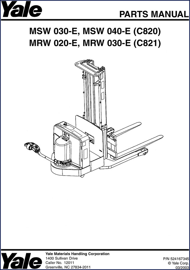 Yale MSW030 MRW020 2003 Parts Catalog cover