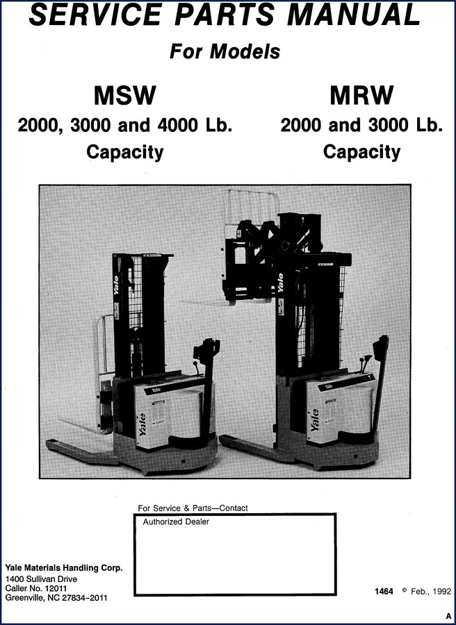 Yale MSW2000, MSW3000, MSW4000, MRW2000, MRW3000 1992 Parts Catalog cover