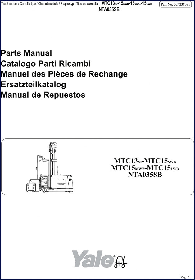 Yale MTC1380, MTC15, NTA035SB Parts Catalog cover - 226 pages OEM manual