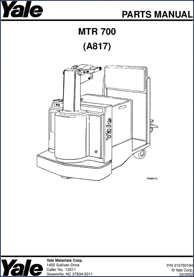 2002 Yale MTR 700 Parts Catalog cover showing model and serial number nomenclature